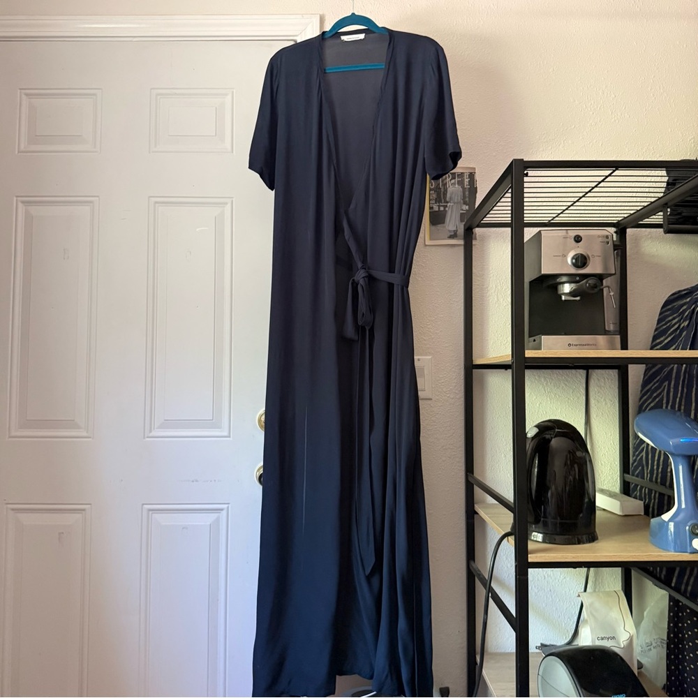 SAMSOE SAMSOE navy blue viscose short sleeve midi wrap dress